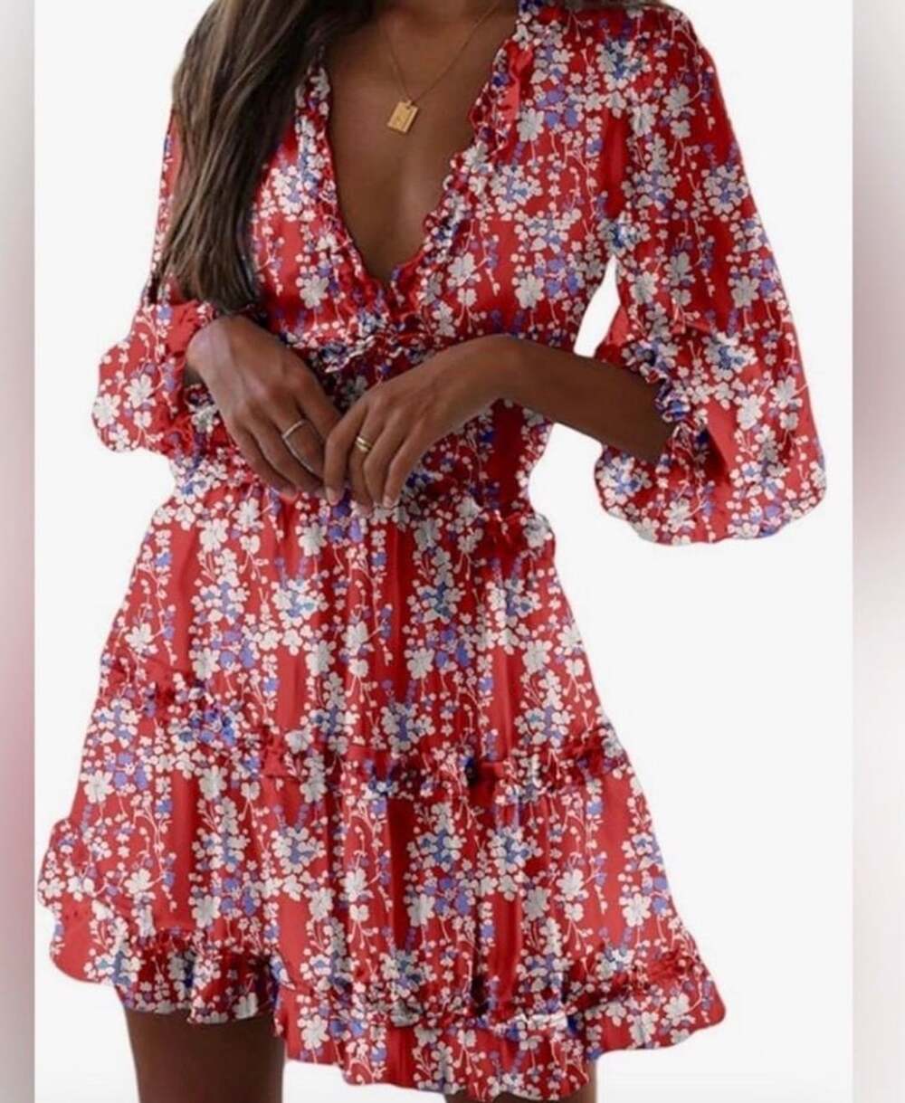 Red Floral Print Ruffle Tiered Open Back Mini Dress